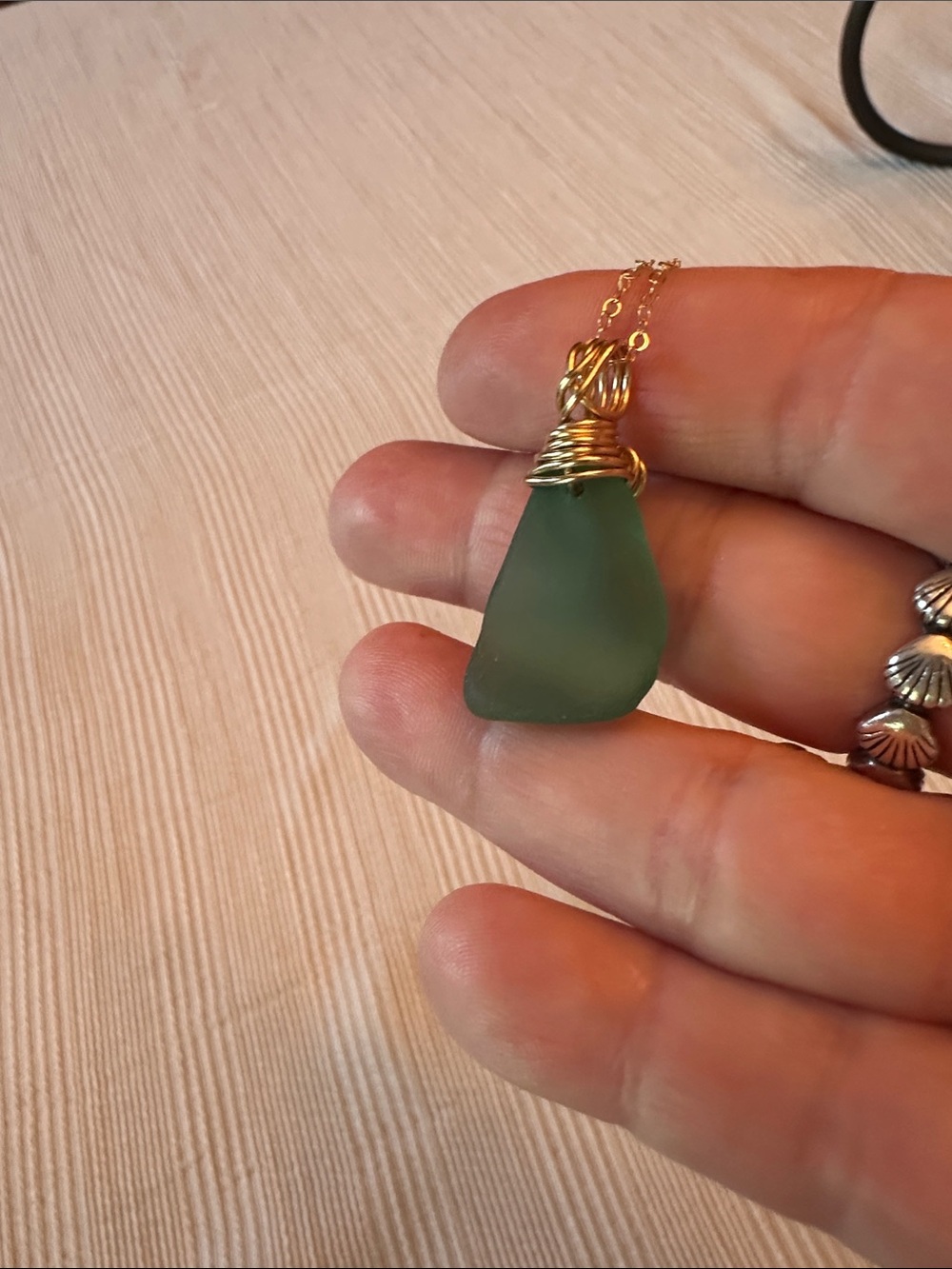 Gold-Wrapped Teal/Green Authentic Sea Glass Pendant w/gold fill chain - Picture 2 of 11